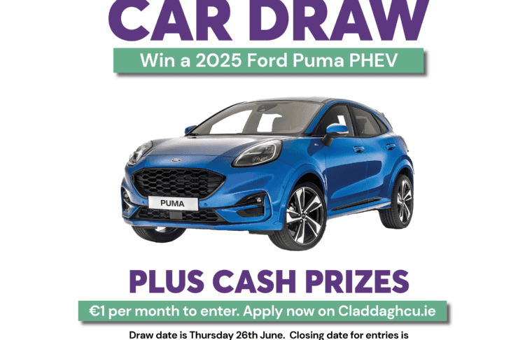 Image promoting Claddagh Credit Union Car Draw.